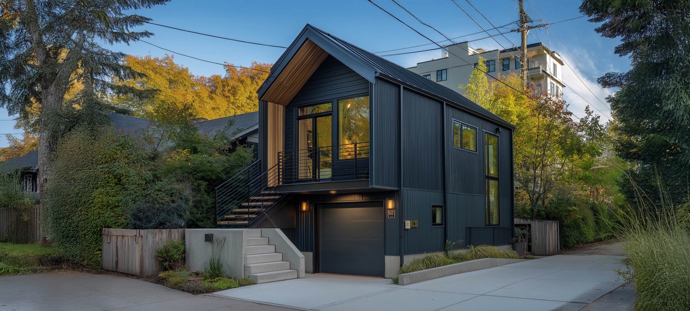 Modern completed DADU with dark siding, warm wood details and large windows