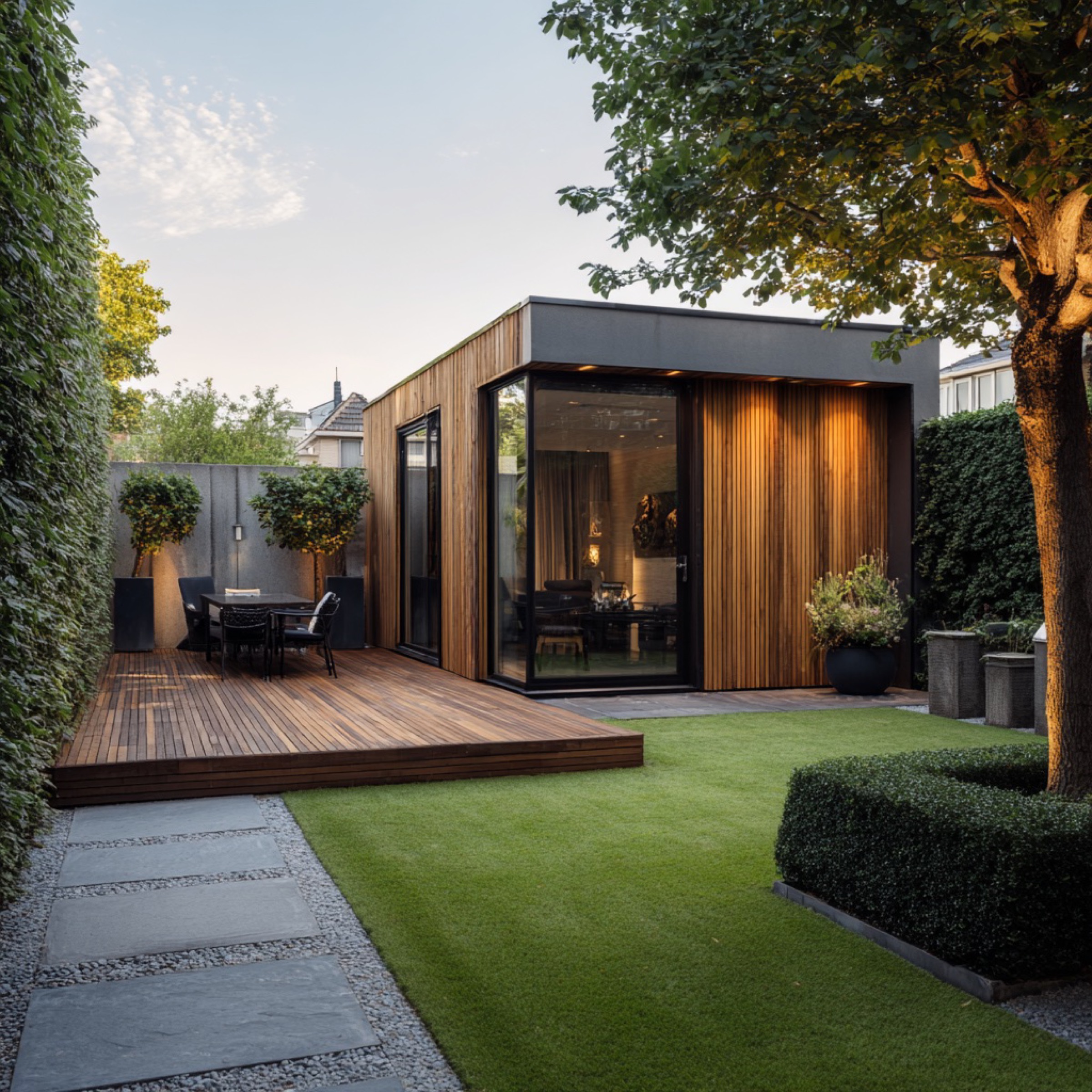 Modern detached backyard living space with warm wood cladding
