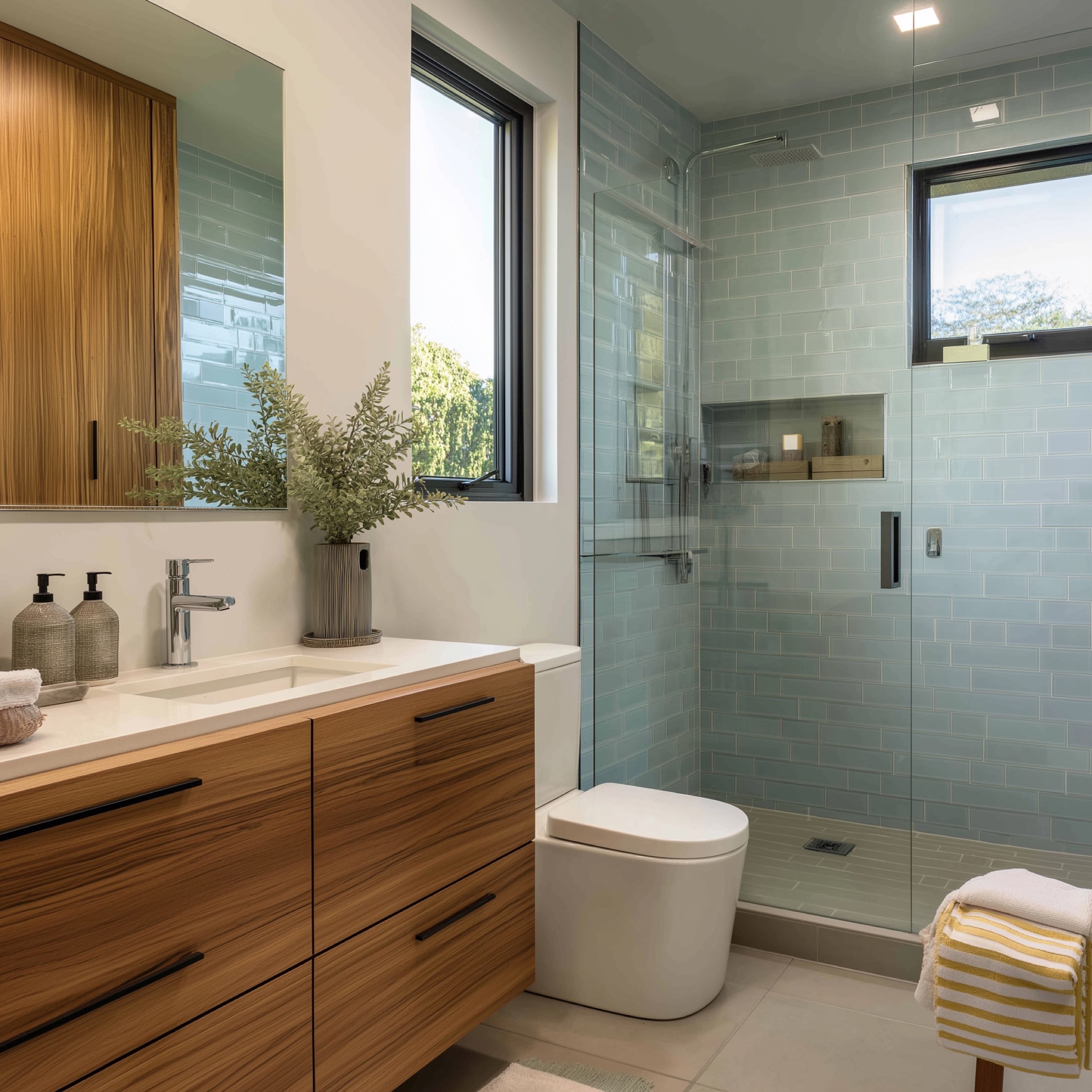 Modern bathroom with pale blue tile, warm wood cabinetry and a glass shower