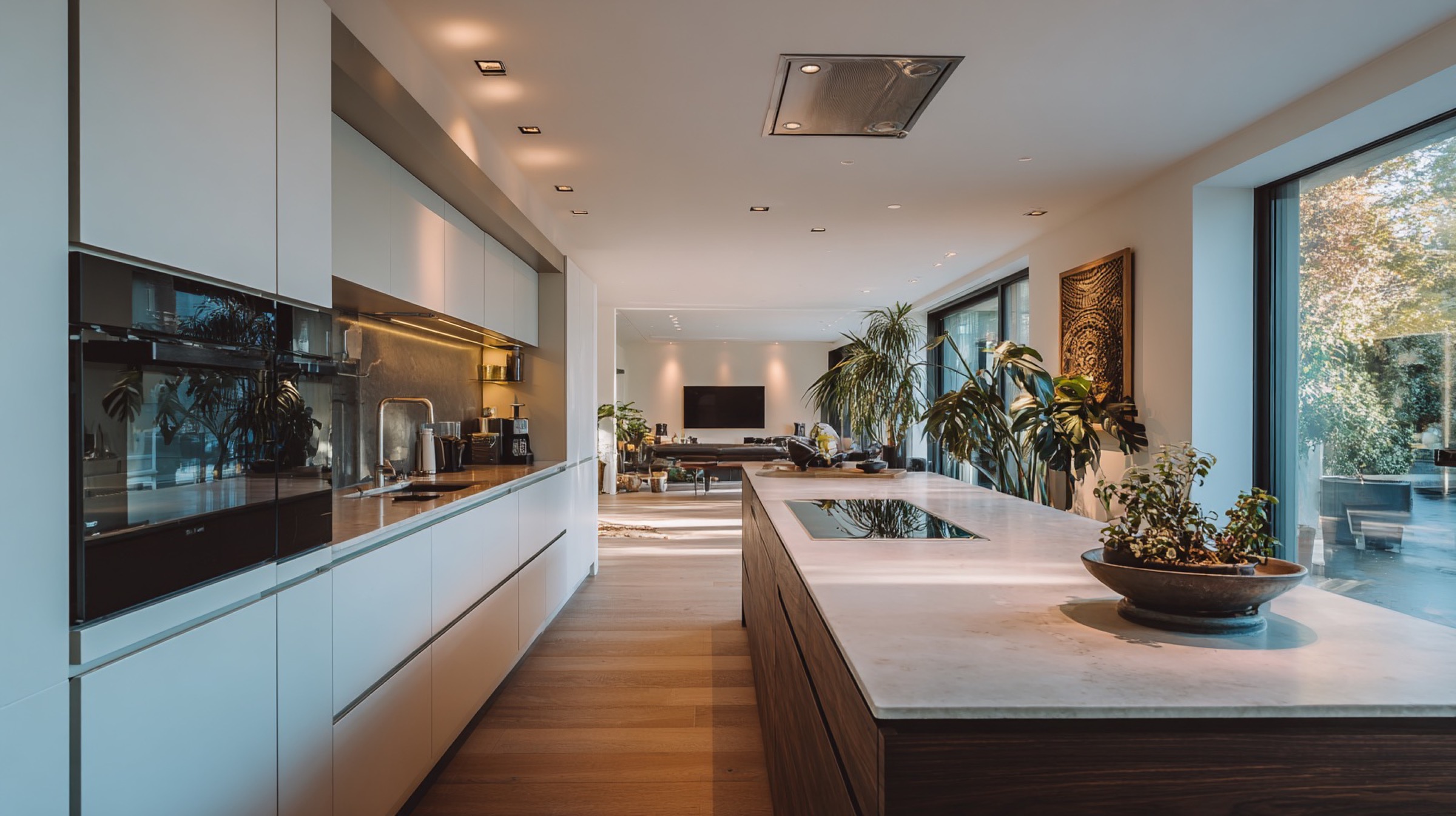 Contemporary kitchen with a long stone island and garden views
