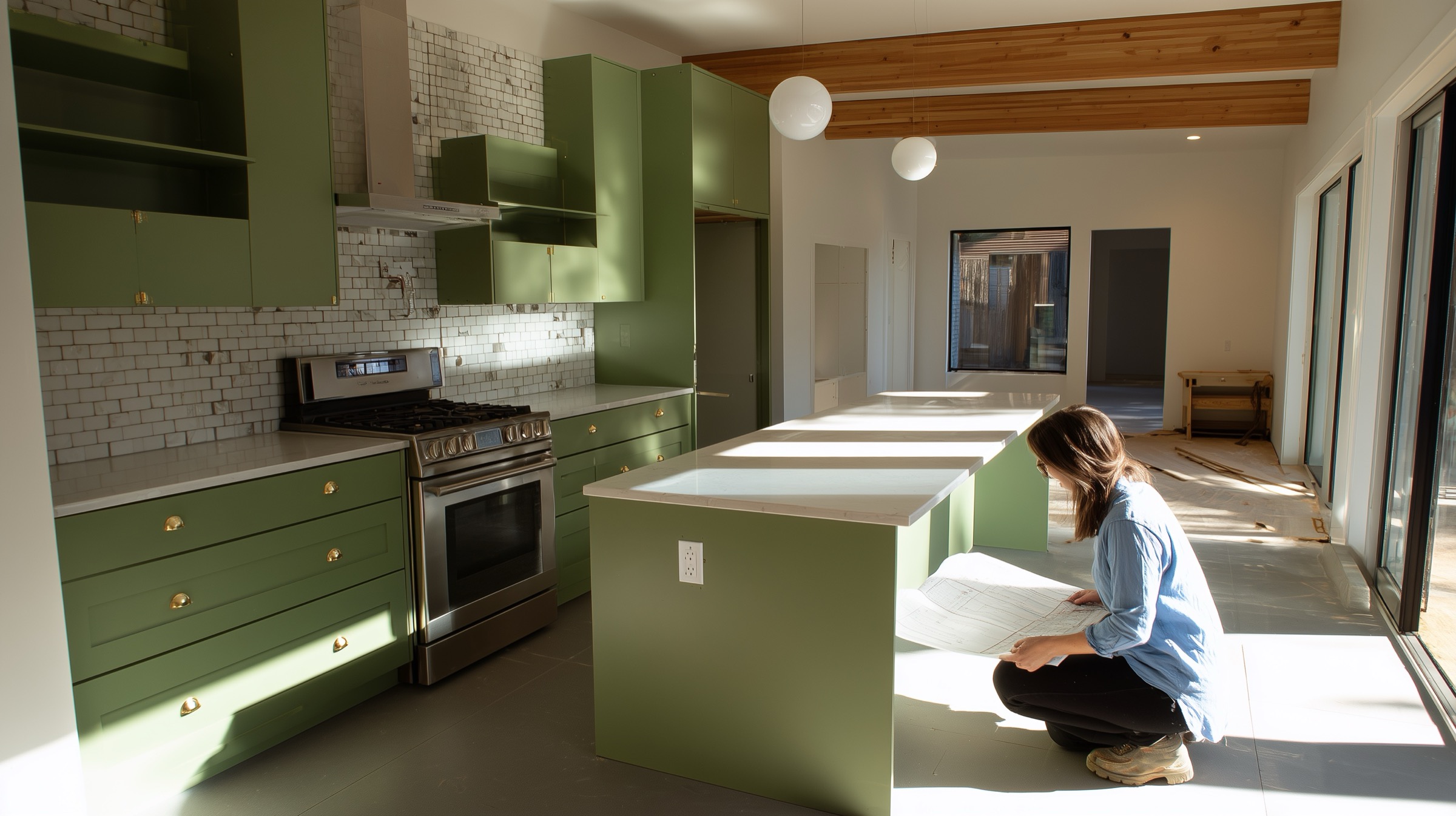 Modern green kitchen with exposed wood beams and a large island