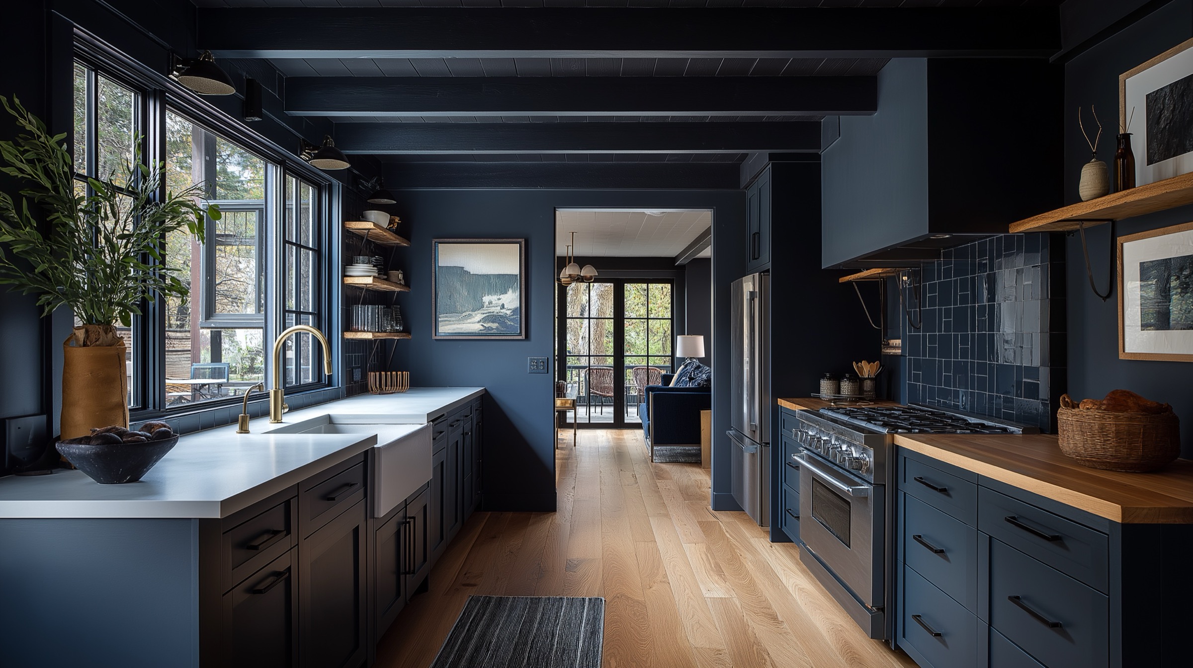 Deep blue kitchen with warm wood surfaces and connected living space