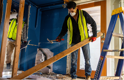 Sunlit timber frame construction interior