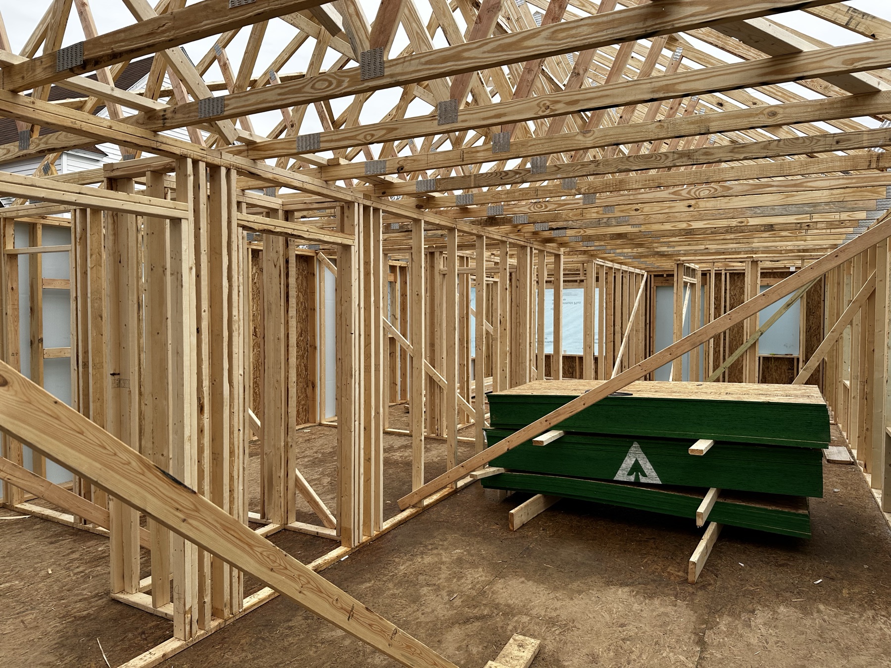 Interior wall and roof framing inside the Habitat home